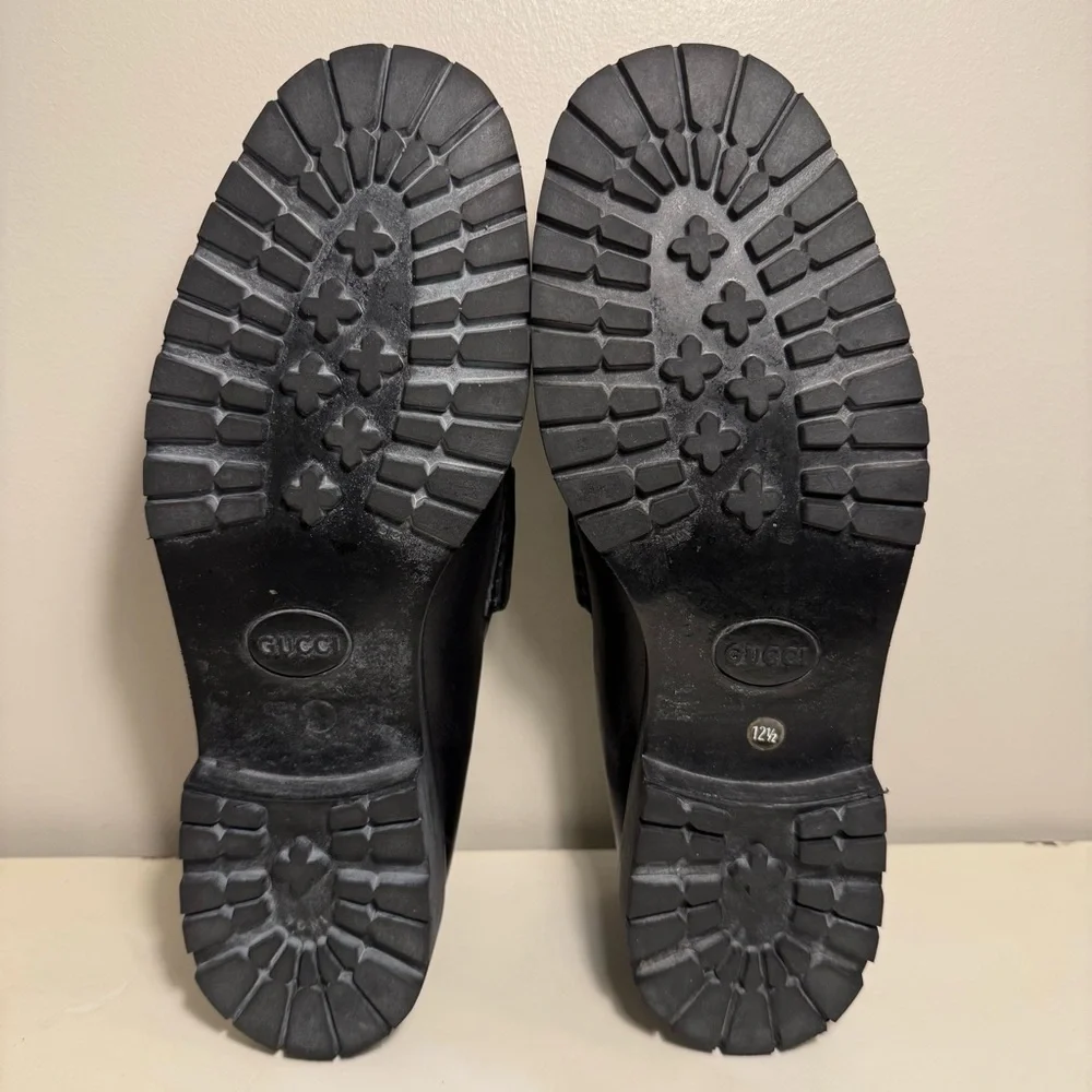 Gucci Horse Bit Lug Sole Black Leather Loafer Men’s Size 12.5 Brass Brown Logo - Picture 7 of 13